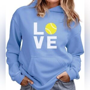 Brand New Blue Tennis Ball Love Graphic Drawstring Hoodie size Small